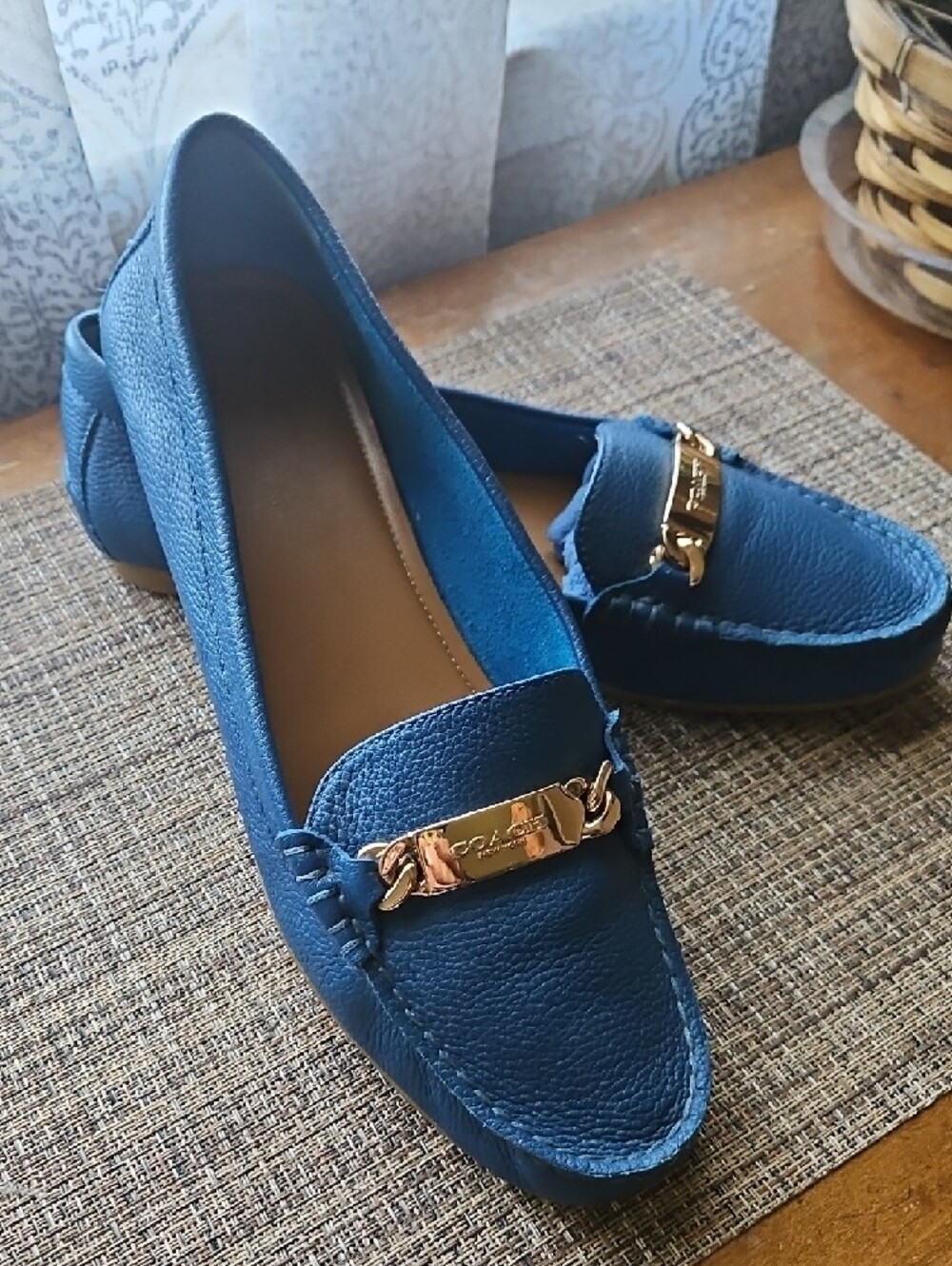 Coach Teal Pebbled Leather Loafers with Gold Plaque - Picture 2 of 6
